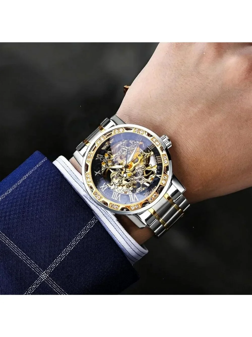 Vintage-Inspired Mechanical Skeleton Watch with Diamond Accents & Floral Design